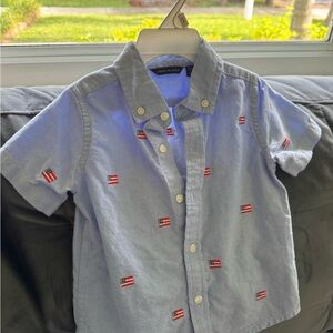 Janie and Jack Blue Button Down Shirt with Red Motifs